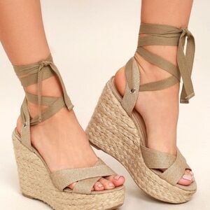 Lulus Esme Natural Lace-Up Espadrille Wedges Sz9